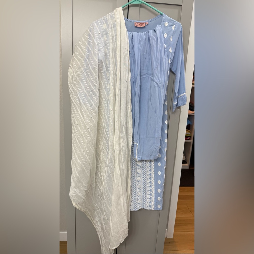 White and Blue Embroidered Kurta Set